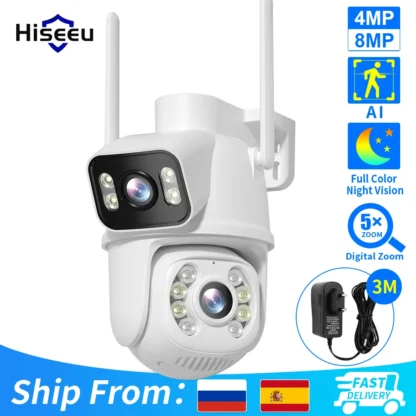 Hiseeu-cámara de vigilancia 4K de 8MP con Wifi, lente Dual, Zoom Digital 4X, IA, detección humana, ONVIF, inalámbrica, seguridad al aire libre, PTZ, cámaras IP