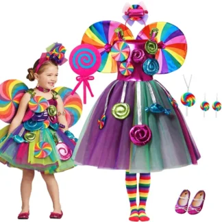 Disfraz de piruleta de arcoíris para niñas, Vestido de princesa, Festival de Purim, Vestido de caramelo, disfraz de carnaval, cumpleaños, traje de alas de fantasía para niños