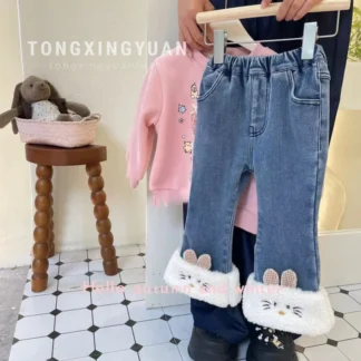 Tong-pantalones vaqueros gruesos forrados de lana para mujer, traje de suéter, pantalones informales forrados de lana para niños, Otoño y Winter2024Single-Layer, nuevo