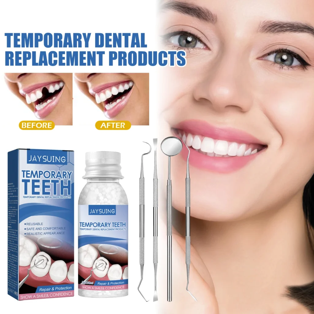 El kit de reparación temporal de cavidades de llenado de dientes incluye espejo bucal, limpiador de encías, raspador de sarro, sonda dental para un espacio dental faltante