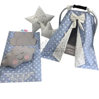 Juego de fundas para cochecito con patrón de estrellas, azul y blanco, hecho a mano