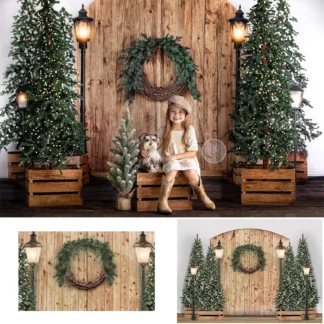 Navidad Retro rústico puerta telón de fondo lámpara de corona árboles de Navidad decoración de fiesta invierno niños cumpleaños fondo estudio fotográfico