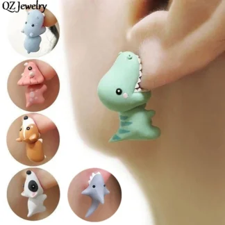 Pendientes de tuerca de dinosaurio de arcilla 3D para mujer y niña, Mini pendiente de Tiranosaurio Rex, ballena, perro, mordedura de Animal de dibujos animados, regalos de joyería