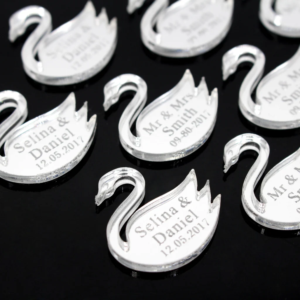 Decoración de boda personalizada, 50 piezas, oro, plata, espejo, Cisne, nombre personalizado, bautismo de bebé, fiesta de cumpleaños, mesa de comedor, Centro de decoración