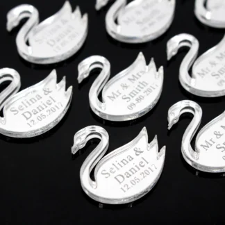 Decoración de boda personalizada, 50 piezas, oro, plata, espejo, Cisne, nombre personalizado, bautismo de bebé, fiesta de cumpleaños, mesa de comedor, Centro de decoración