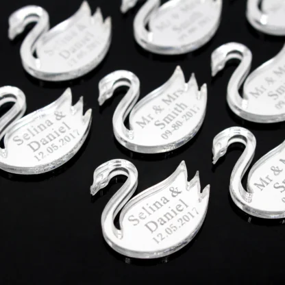 Decoración de boda personalizada, 50 piezas, oro, plata, espejo, Cisne, nombre personalizado, bautismo de bebé, fiesta de cumpleaños, mesa de comedor, Centro de decoración