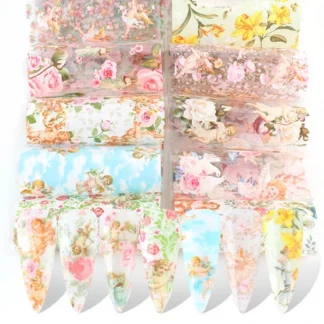 Patrón de Ángel para uñas, transferencia de lámina calcomanías para arte de uñas, pegatinas de Ángel y Flor de estilo mixto, calcomanía de transferencia C1FF