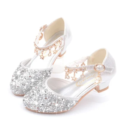 Zapatos de cuero con lentejuelas para niñas, sandalias de cuero para niños, sandalias de princesa para niños, zapatos de fiesta, zapatos de vestir para niños, zapatos de tacón alto