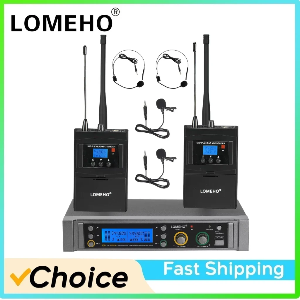 LOMEHO-micrófono Inalámbrico UHF de 2 vías, 450 canales, 50M, frecuencia ajustable, antirretroalimentación, transmisor de cuerpo silencioso, LO-U11H2