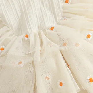 Vestido mameluco para niñas pequeñas, manga aleteo, cuello redondo, traje de mono de malla floral bordado para ropa de verano
