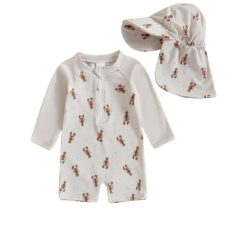 Trajes de baño con sombrero para niños pequeños, conjunto de 2 uds., patrón de ballena, langosta y cangrejo, cremallera, manga larga, cuello redondo, trajes de baño para bebés