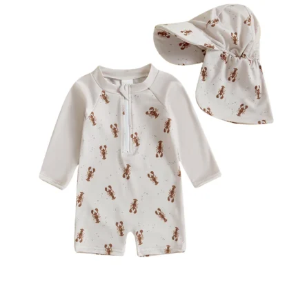 Trajes de baño con sombrero para niños pequeños, conjunto de 2 uds., patrón de ballena, langosta y cangrejo, cremallera, manga larga, cuello redondo, trajes de baño para bebés