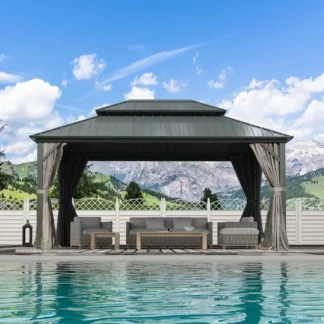 Toldo de cenador con tapa dura de 12' x 16', con techo doble de acero galvanizado para patio, césped y jardín, cenador de aluminio para exteriores