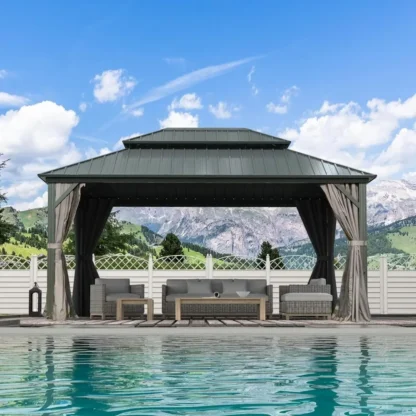Toldo de cenador con tapa dura de 12' x 16', con techo doble de acero galvanizado para patio, césped y jardín, cenador de aluminio para exteriores