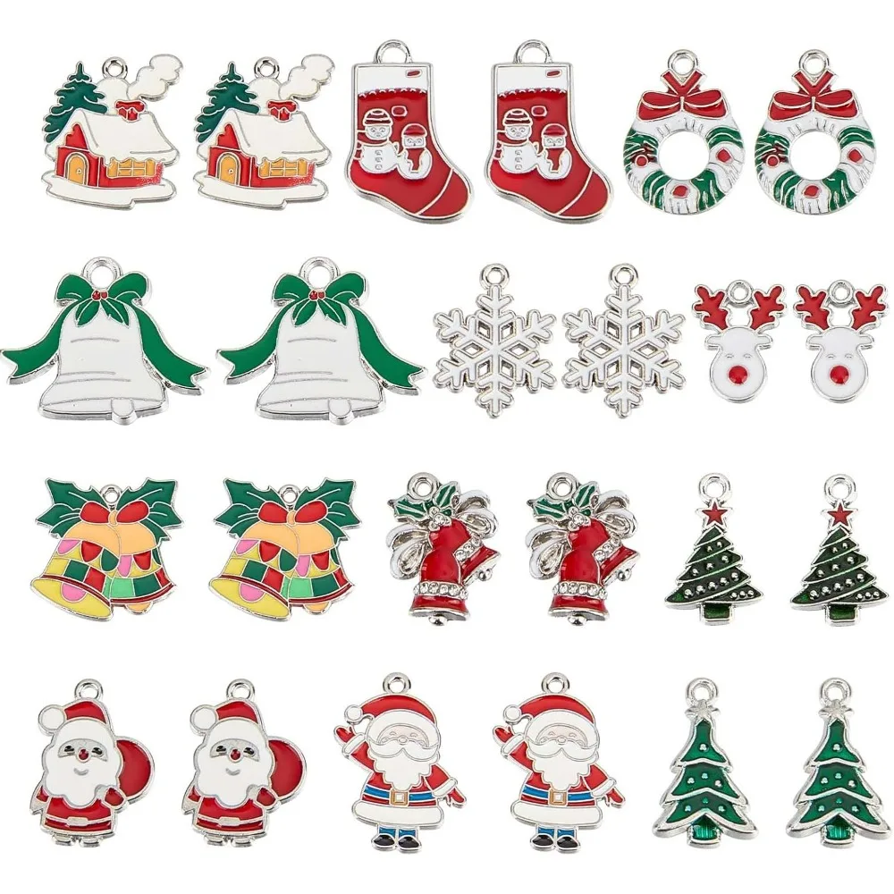 48 Uds. Amuletos navideños de esmalte plateado, dije de Navidad, árbol de Navidad, copo de nieve, calcetines, campana, dije de nieve para fabricación de joyas