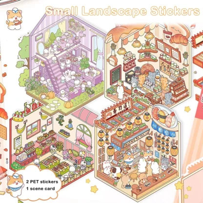 1 Juego de pegatinas tridimensionales bonitas para manual, pegatinas de escena en miniatura, pegatinas de pegado apilables de escena de cabina de bolsillo de dibujos animados