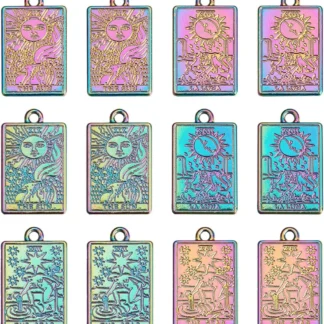 1 caja de 18 Uds. De dijes de Tarot, tarjeta de Tarot, chapado en Color arcoíris, oijas, aleación plana rectangular, kit de fabricación de dijes de luna y estrella del sol