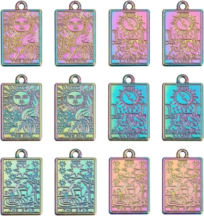 1 caja de 18 Uds. De dijes de Tarot, tarjeta de Tarot, chapado en Color arcoíris, oijas, aleación plana rectangular, kit de fabricación de dijes de luna y estrella del sol