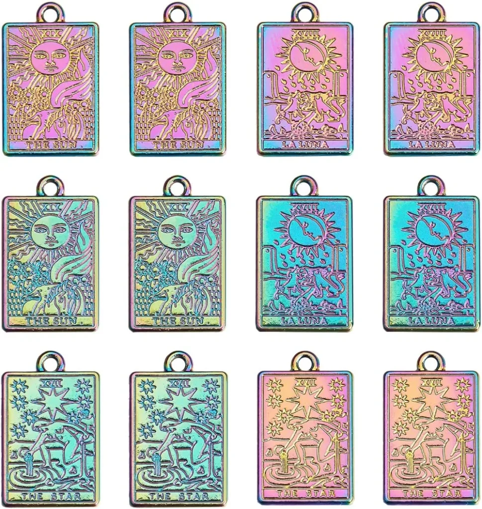 1 caja de 18 Uds. De dijes de Tarot, tarjeta de Tarot, chapado en Color arcoíris, oijas, aleación plana rectangular, kit de fabricación de dijes de luna y estrella del sol