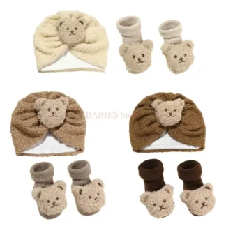 C9GB Precioso conjunto gorro y calcetines para bebé, gorro turbante, gorros fetales suaves y transpirables, gorro recién y