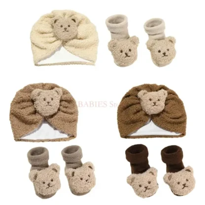 C9GB Precioso conjunto gorro y calcetines para bebé, gorro turbante, gorros fetales suaves y transpirables, gorro recién y