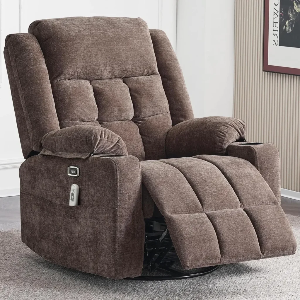 Sillón reclinable basculante giratorio para adultos con masaje y calor, puertos USB y tipo C, posición infinita, planeador eléctrico