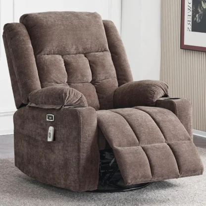 Sillón reclinable basculante giratorio para adultos con masaje y calor, puertos USB y tipo C, posición infinita, planeador eléctrico