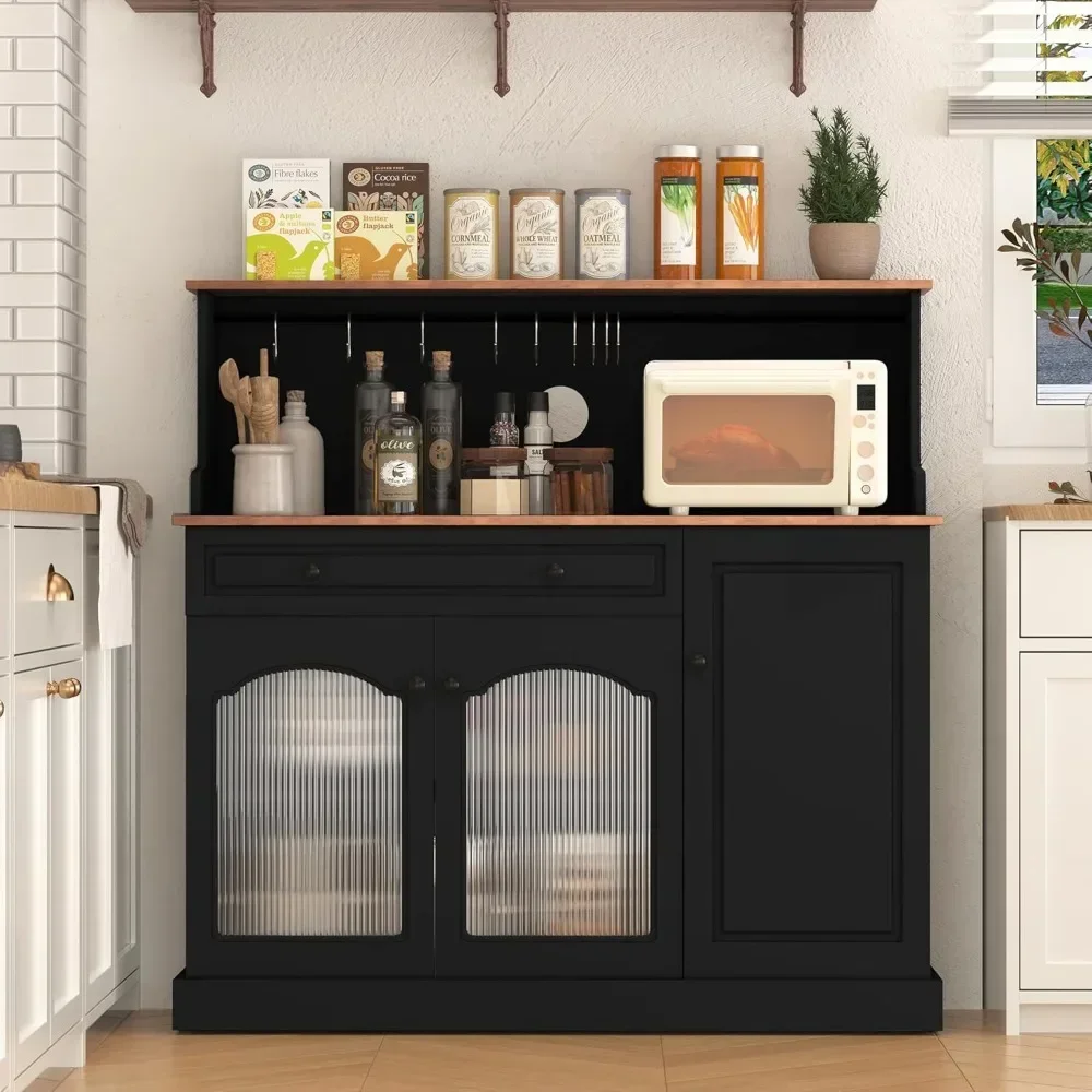 Mueble de despensa de cocina de 48 pulgadas con puertas de vidrio, mueble de bar de café con cajón, gabinetes de cocina con aparador