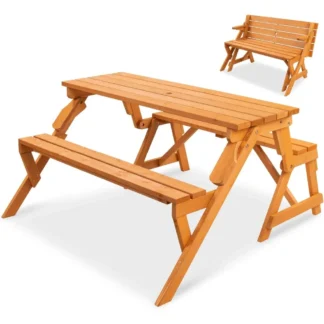 Mesa de picnic de madera intercambiable transformable 2 en 1, banco de jardín para patio trasero, porche, patio, terraza con orificio para sombrilla -