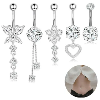 1 pieza de anillos de ombligo de corazón de acero inoxidable para mujer, anillo colgante, Piercing, borla bonita, cristal de circón, joyería para Piercing corporal
