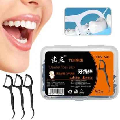 50 Uds cepillo Interdental hilo Dental higiene bucal palo de limpieza de dientes selecciones de dientes palo de dientes de carbón de bambú desechable