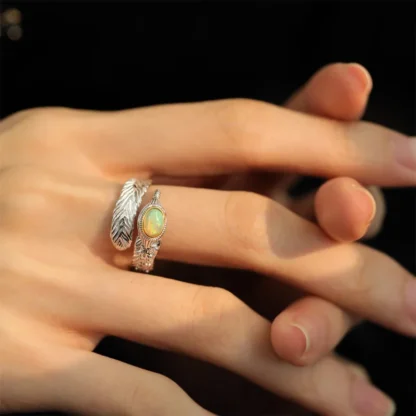 PANJBJ-Anillo de Plata de Ley 925 con plumas de ópalo para mujer y niña, joyería ajustable Irregular, regalo de tendencia, envío directo