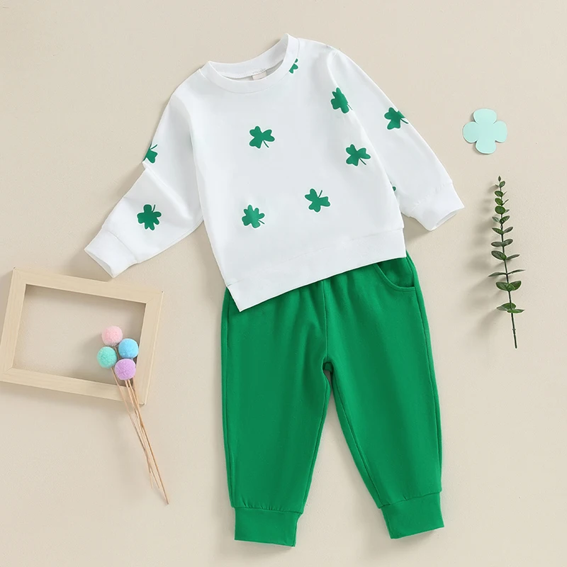 Conjunto de traje de otoño para niñas, sudadera con estampado de trébol de cuatro hojas de manga larga y pantalones casuales verdes para niños pequeños