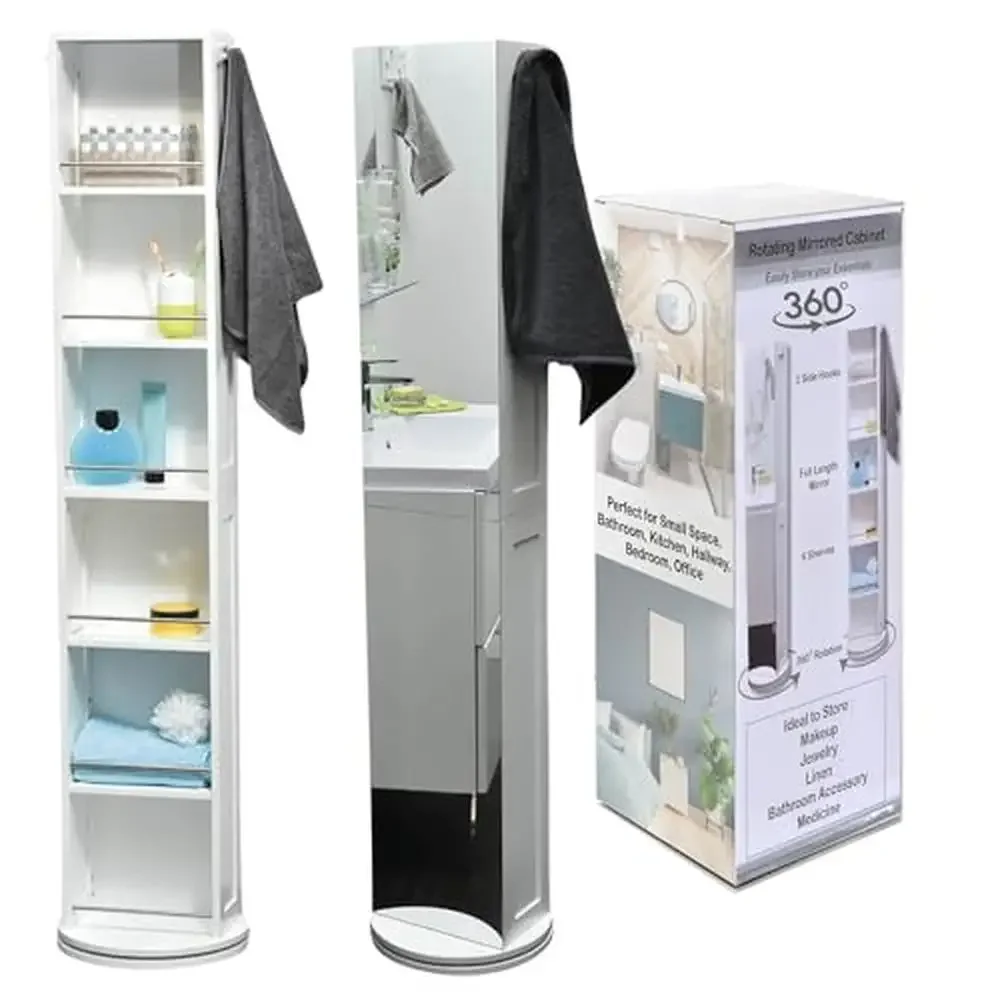 Gabinete de torre giratoria con espejo de longitud completa, 6 gabinetes espaciosos, gancho doble para bata, 66" de alto