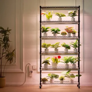 Estante grande para plantas de 6 niveles con luz de cultivo de espectro completo de 150 W, luz LED para plantas de interior con temporizador y rueda, soporte para plantas