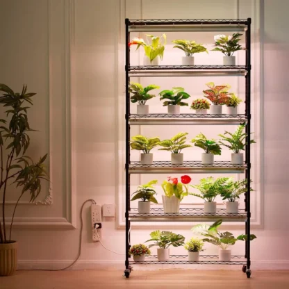 Estante grande para plantas de 6 niveles con luz de cultivo de espectro completo de 150 W, luz LED para plantas de interior con temporizador y rueda, soporte para plantas