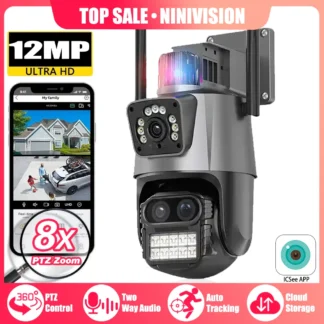 ICSEE-cámara WIFI de 12MP, 3 lentes, cámara PTZ inalámbrica, CCTV de seguridad con luz de advertencia, alarma de enlace, Zoom PTZ 8x, seguimiento humano IPC