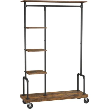 Perchero para ropa, perchero con ruedas, organizador de ropa con ruedas de 5 niveles, estilo tubo industrial, marrón rústico