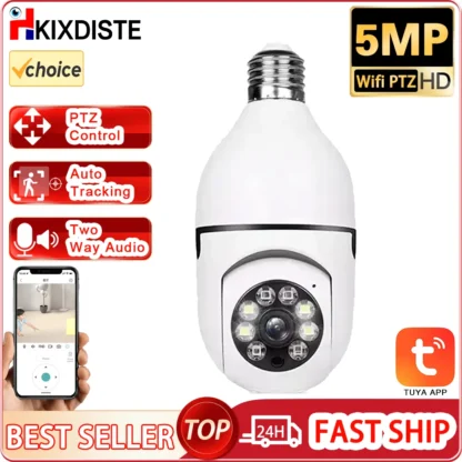 Cámara inalámbrica Wifi de visión nocturna en Color TUYA de 5MP cámara de seguridad inteligente 360 rotación Wifi IP PTZ bombilla cámara para el hogar al aire libre