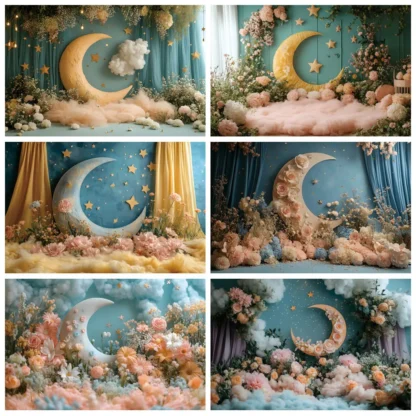 Fondo de flores con nubes y estrellas y Luna para fiesta de cumpleaños de princesa niña, decoración de fondo para fotografía de pastel de Baby Shower en interiores