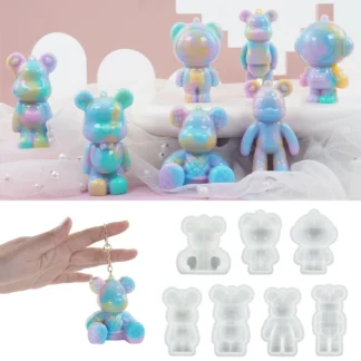 Molde de silicona epoxi de cristal DIY, soporte lindo para sentarse, llavero de oso con agujero, joyería colgante, espejo, Molde de resina de silicona
