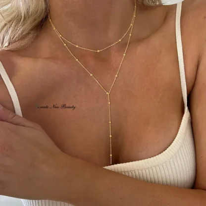 Collares colgantes de cadena larga de doble capa para mujer, Gargantilla con borla de cuentas geométricas de clavícula de Metal Simple, joyería