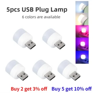 Mini LED lámpara de enchufe USB de 5 piezas, luz de libro de protección ocular superbrillante, carga de energía Móvil, 5V, 1,2 W lampara de noche dormitorio