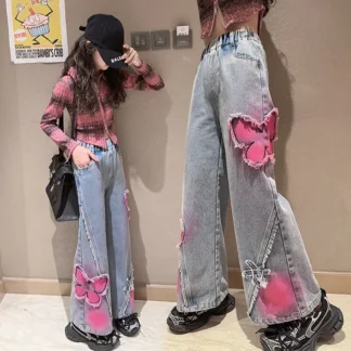 Pantalones vaqueros para chicas adolescentes, pantalones vaqueros de pierna ancha personalizados, pantalones de moda para niños con diseño de mariposa para primavera y otoño de 5 a 14 años 2024