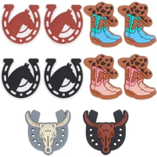 1 caja de 12 Uds., 6 estilos de cuentas de vaquero, cuentas focales de silicona a granel, botas de vaquera de vaca occidental, herraduras planas de dibujos animados sueltas