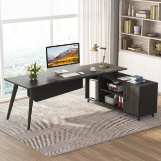 Escritorio para computadora en forma de L con archivador, escritorio ejecutivo grande de 78,74 pulgadas con estantes, muebles de negocios industriales