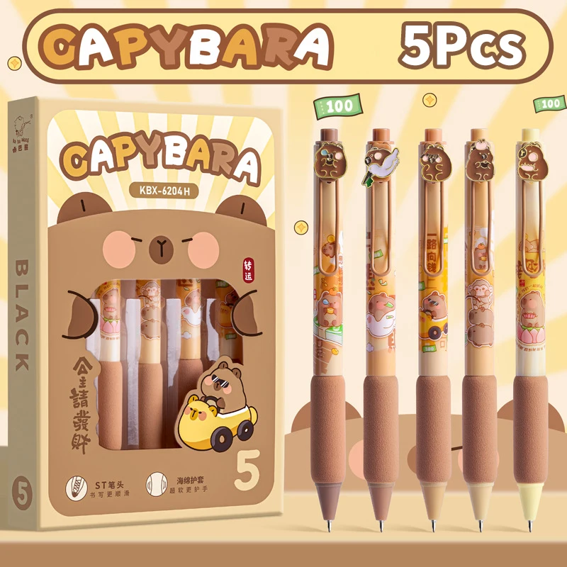 Juego de bolígrafos de Gel de presión Kawaii Capybara, parche de dibujos animados de Metal, bolígrafo de tinta de 0,5mm, papelería escolar, accesorios de oficina, 5 unids/set