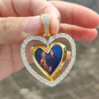 Collar con colgante de imagen de corazón de dos caras para hombres y mujeres, joyería de Hip Hop personalizada, colgante giratorio de foto Iced Out, envío directo