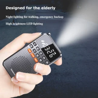 AM/FM Mini Altavoz Bluetooth Linterna LED Radio portátil Receptor de radio de bolsillo Walkman Tarjeta TF negra Reproductor de música Go Sender