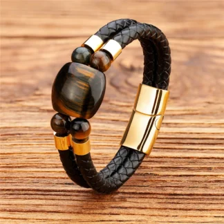Pulsera de cuentas de ojo de tigre Natural para hombre y mujer, brazalete de cuero multicapa único, joyería hecha a mano, regalo del Día del Padre